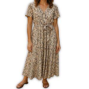 EVRI Leopard Print Wrap Maxi Dress Tie Waist Tan 0X